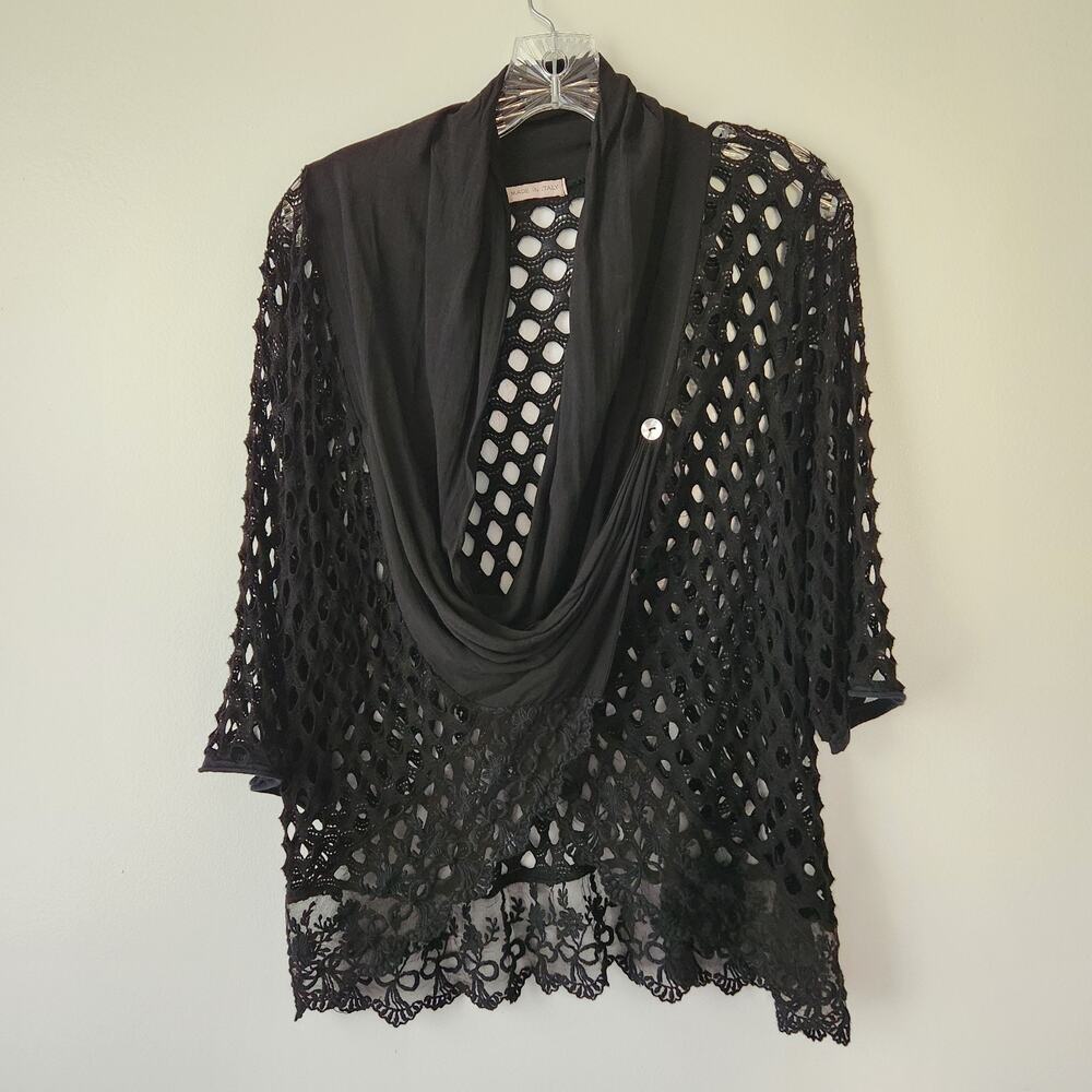 Made in Italy Draped Sheer Cardigan Women L Black Open Knit Lace Trim Whimsigoth